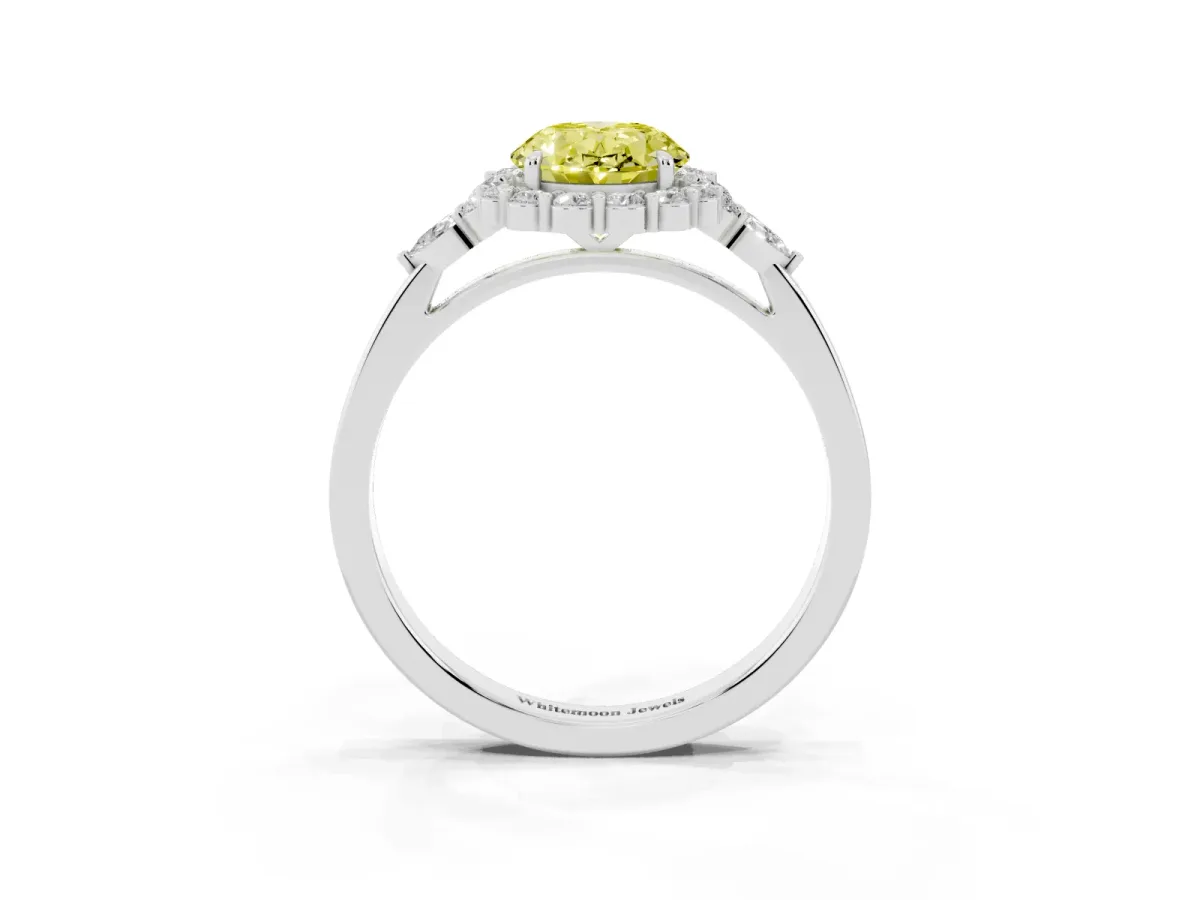 Fancy Yellow Oval Cut Diamond Halo Ring with Pear Side Stones and Prong Setting Silver