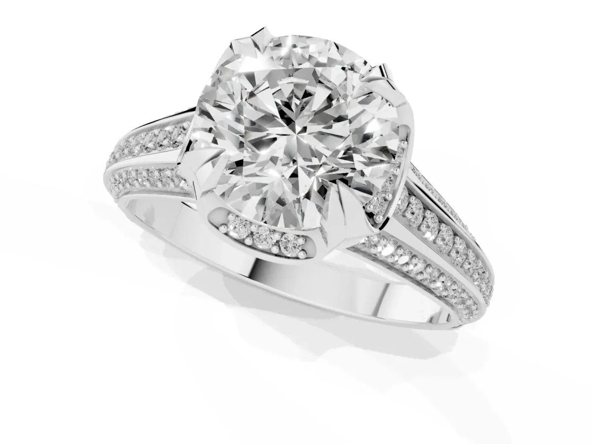 Round Cut Solitaire Pave Split Shank Ring with Four-Prong Setting Silver
