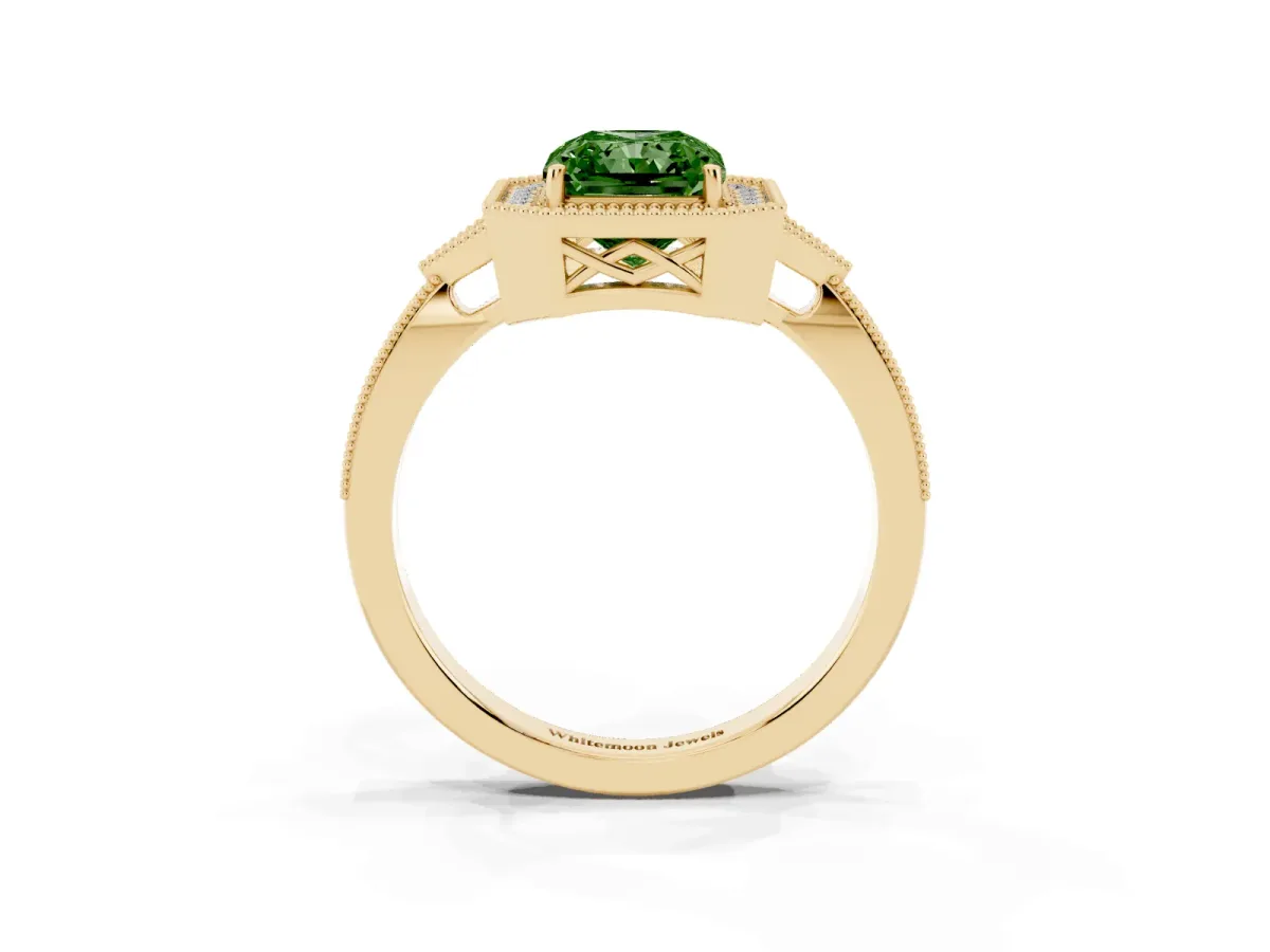 Fancy Green Radiant Cut Halo Round Diamond Milgrain Pave Engagement Ring Yellow gold