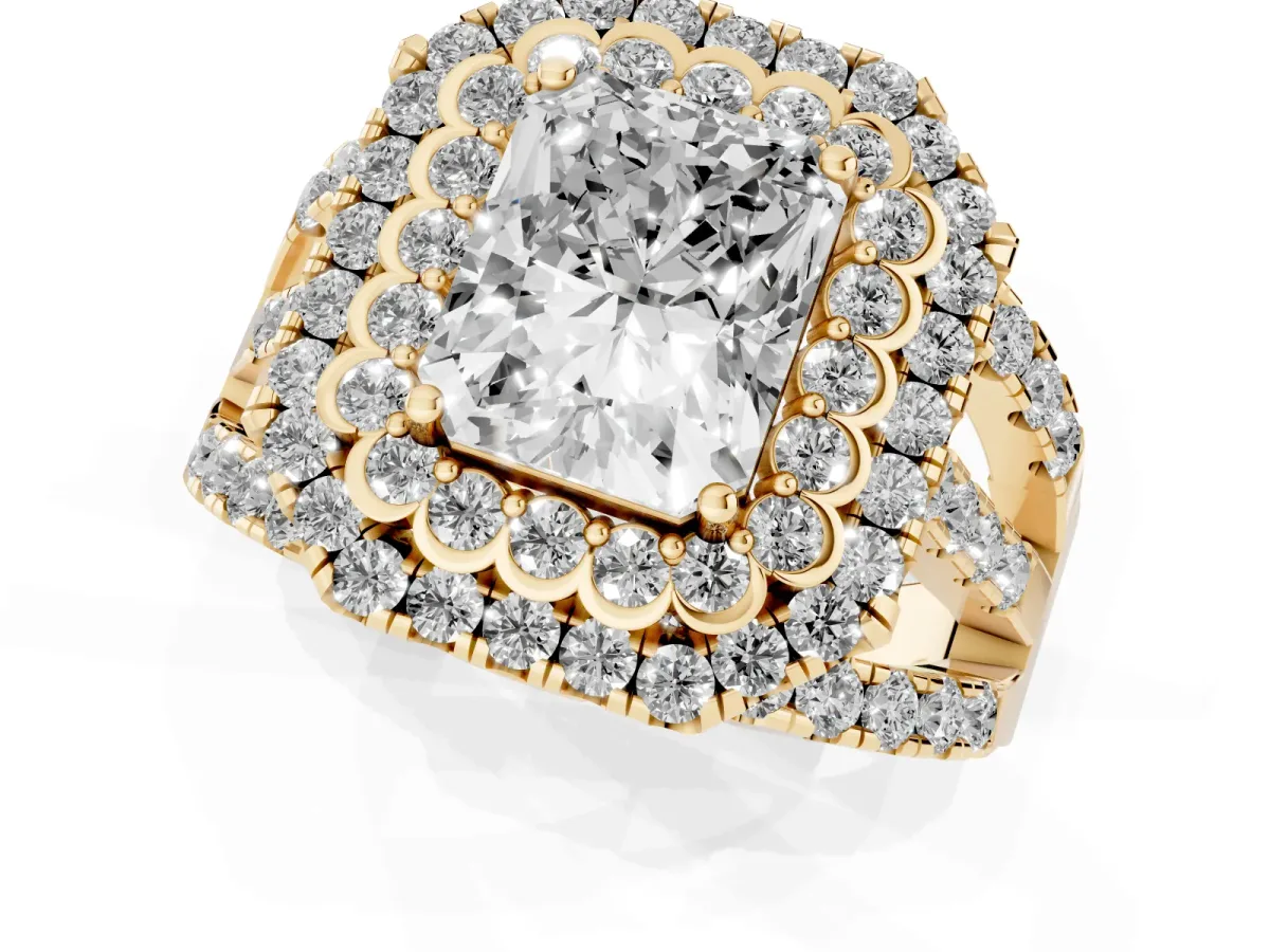 Radiant Cut Diamond Double Halo Ring with Round Pavé Split Shank and Prong Setting Yellow gold
