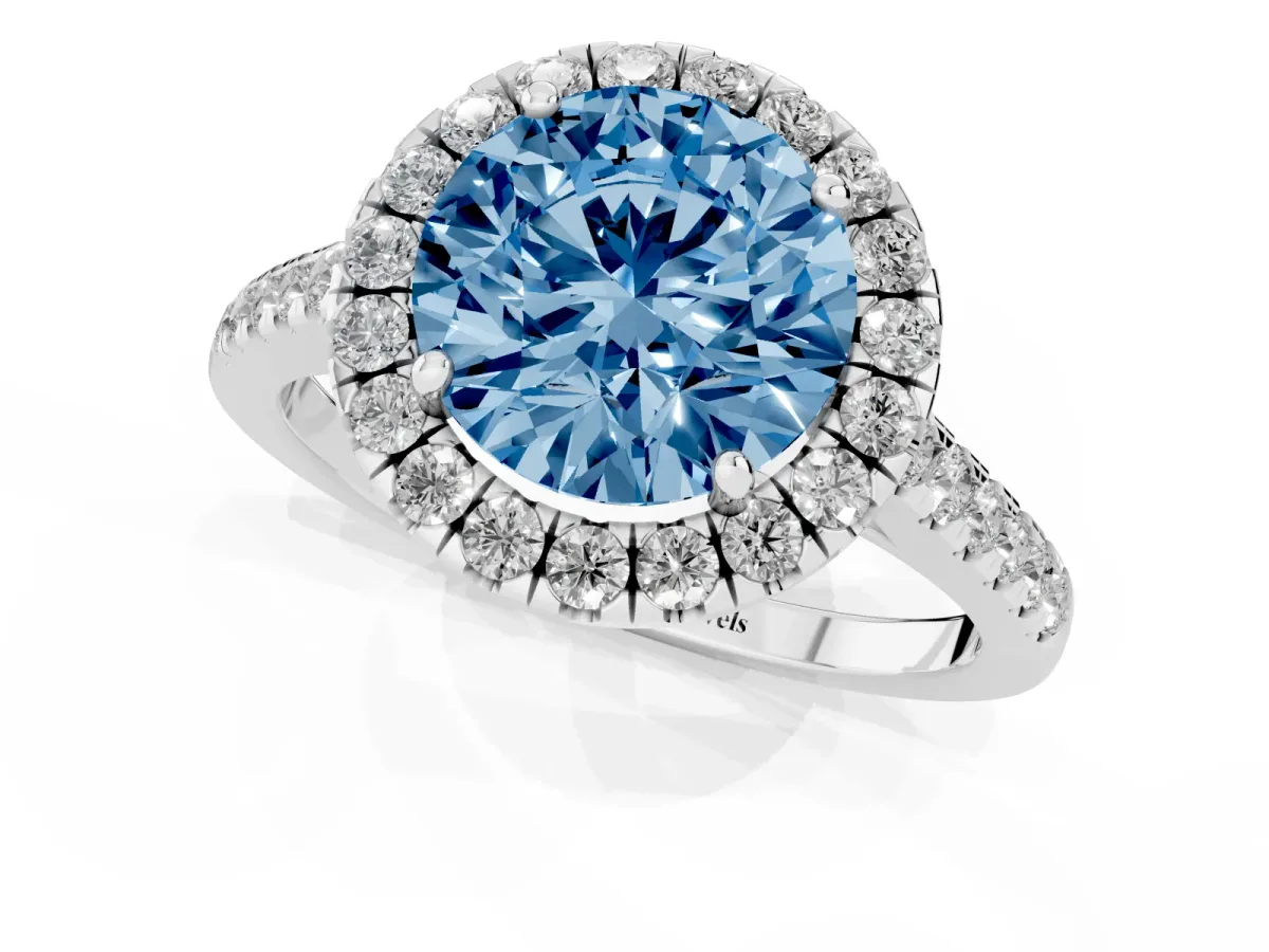 Fancy Blue Round Cut Halo Pave Diamond Engagement Ring with Four-Prong Setting Silver