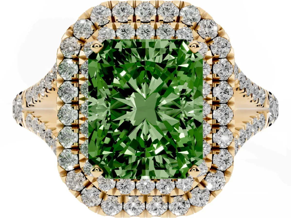 Fancy Green Double Halo Radiant Cut Diamond Split Shank Engagement Ring with Four-Prong Setting Yellow gold