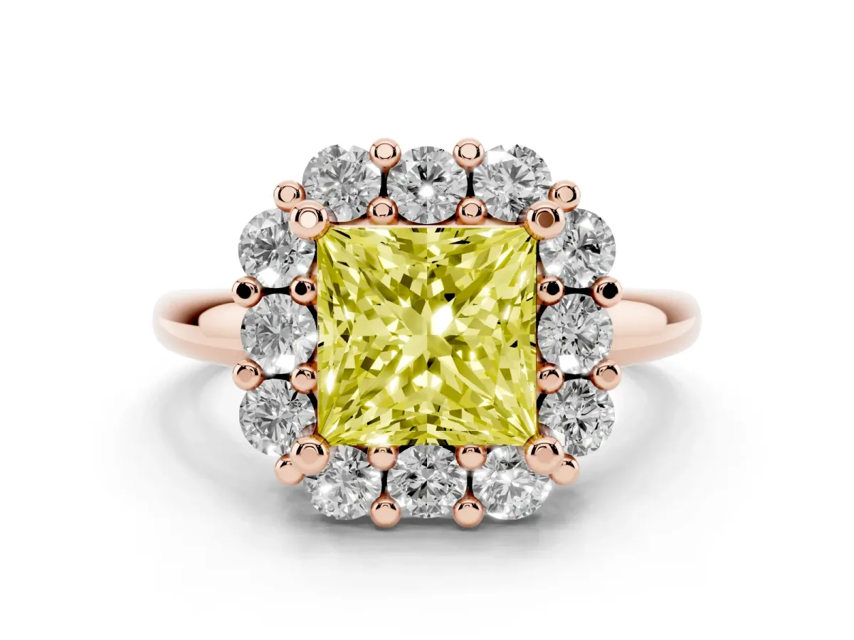 Fancy Yellow Princess Cut Halo Cluster Diamond Engagement Ring with Prong Setting and Polished Band Rose gold