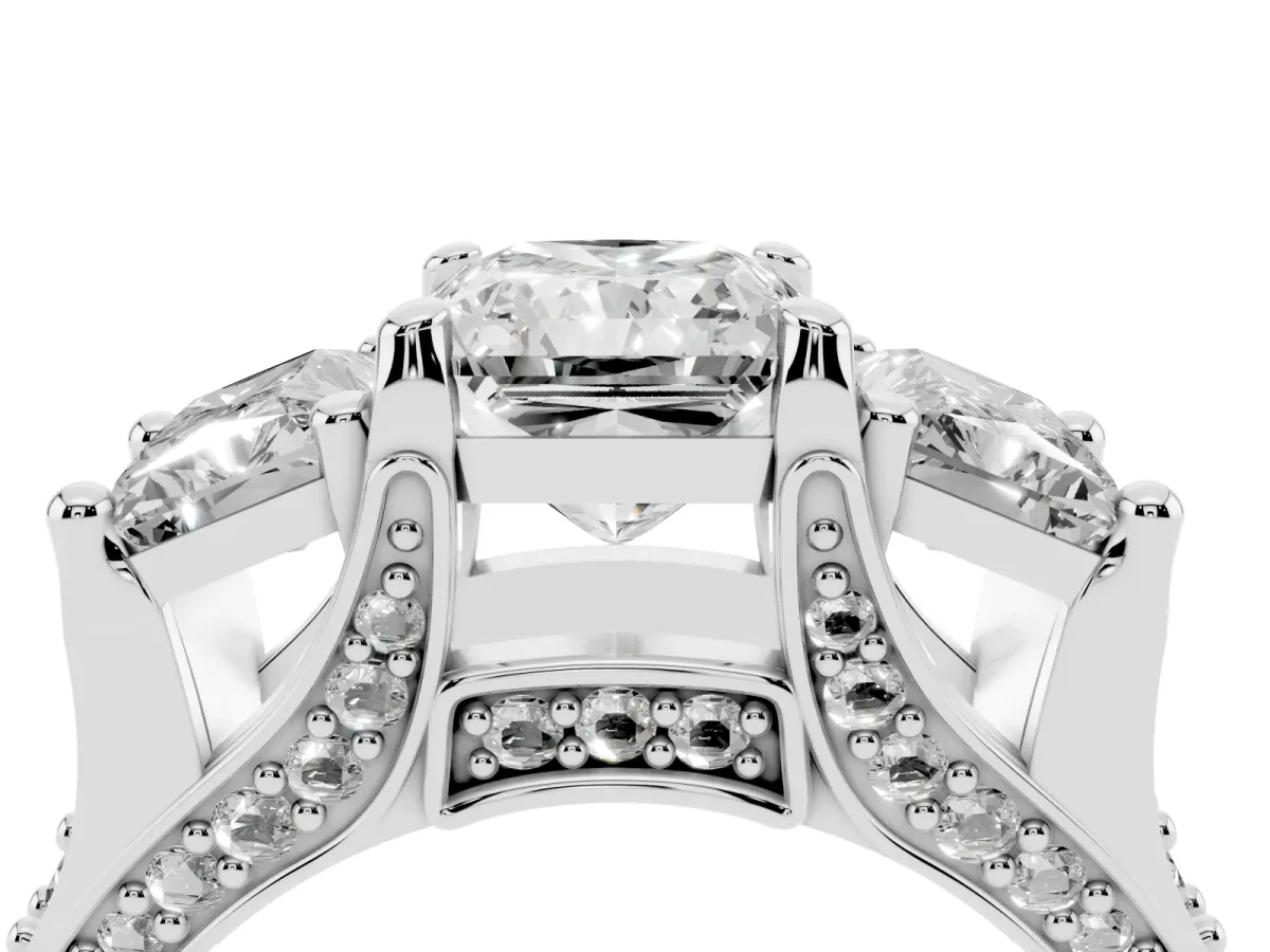 Radiant Cut Diamond Three-Stone Ring with Channel Set Band and Four-Prong Setting Silver