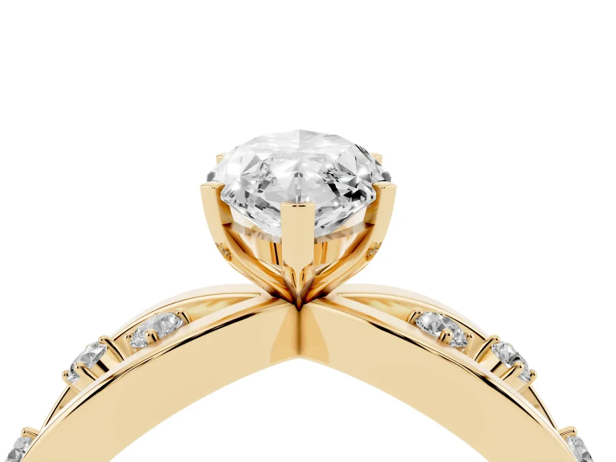 Marquise Cut Cut Solitaire Diamond with Side Stones on Criss-Cross Band and Four-Prong Setting Yellow gold