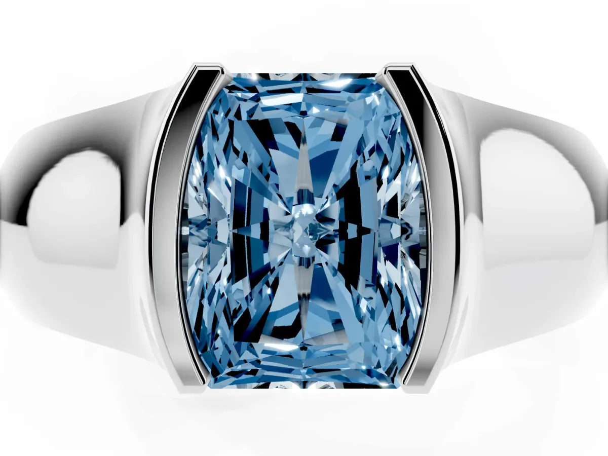 Fancy Blue Radiant Cut Solitaire Bezel Set Diamond Ring with Wide Band Platinum