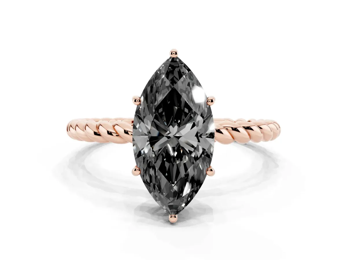Fancy Black Marquise Cut Solitaire Twisted Band 4-Prong Ring Rose gold