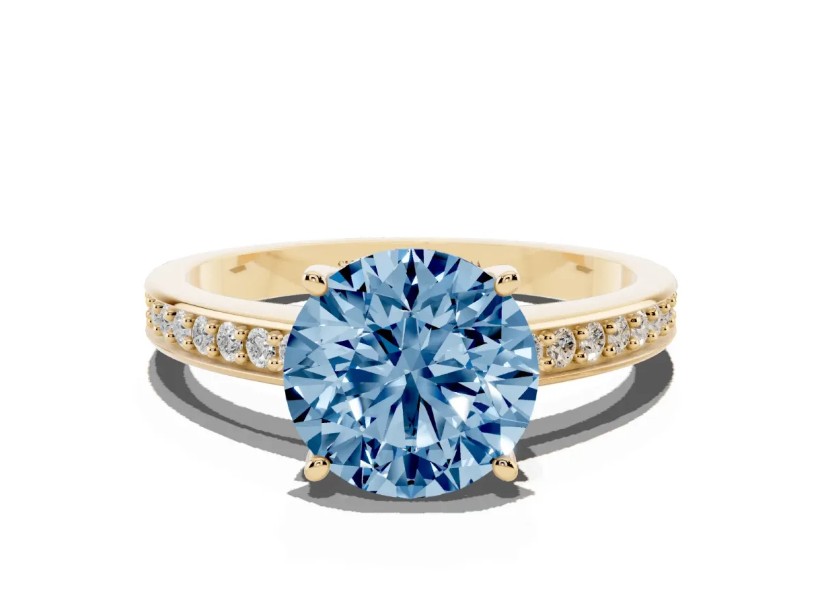 Fancy Blue Round Cut Solitaire Pavé Band Prong Setting Ring Yellow gold