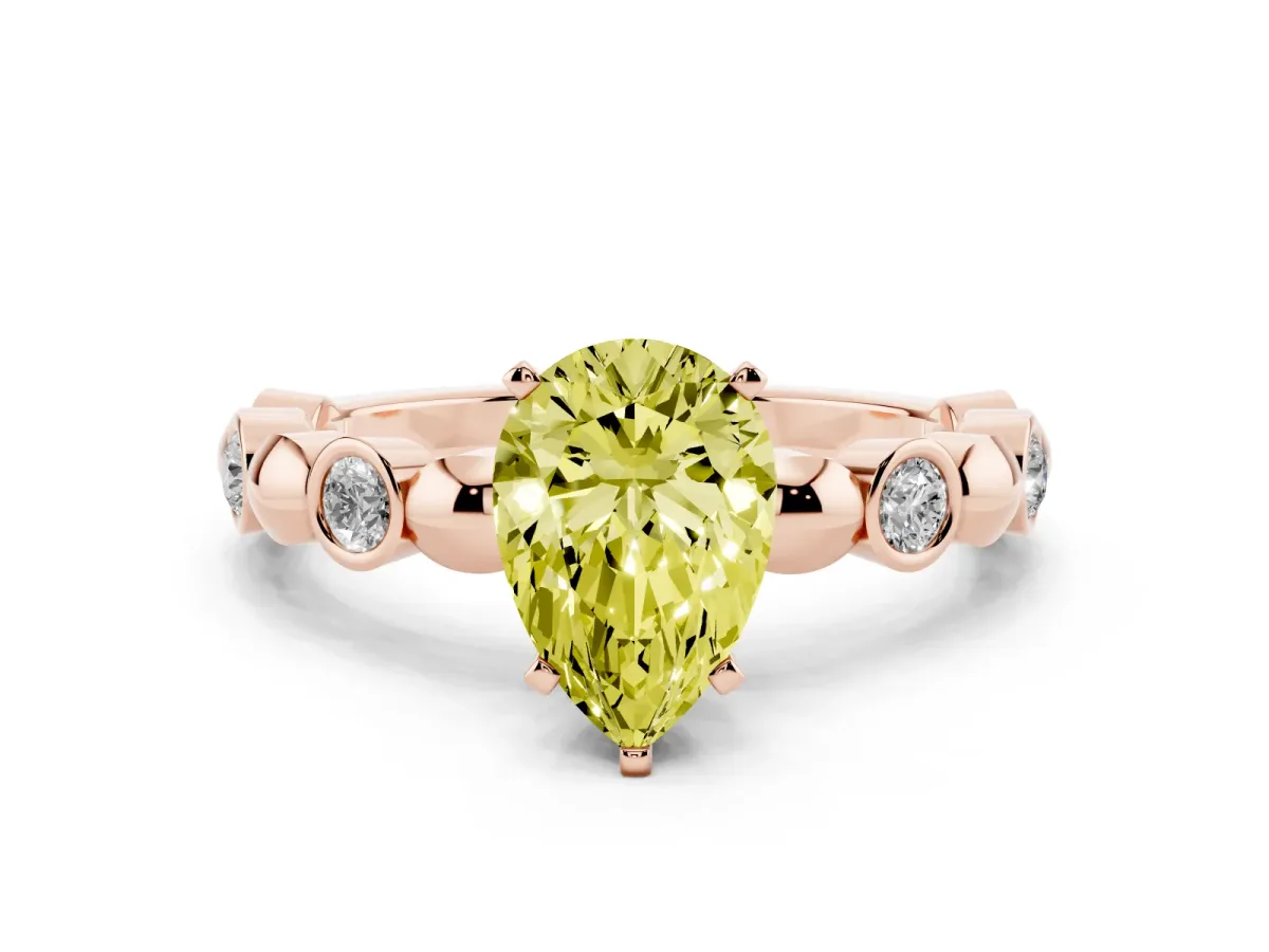Fancy Yellow Pear Cut Solitaire Bezel-Set Diamond Ring with Beaded Band and Four-Prong Setting Rose gold