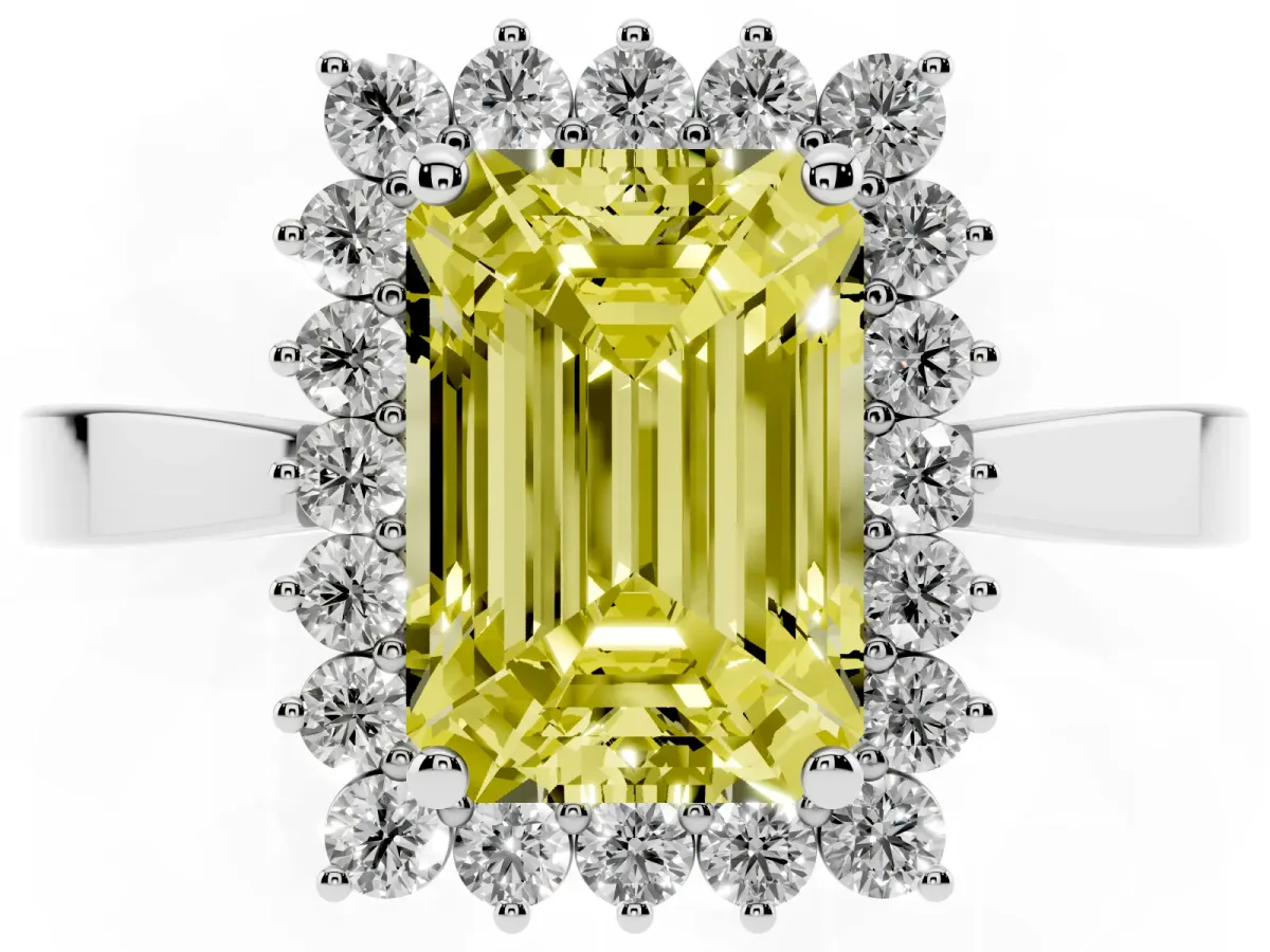 Fancy Yellow Emerald Cut Cut Diamond Halo Ring with Round Brilliant Halo and Solitaire Band Silver