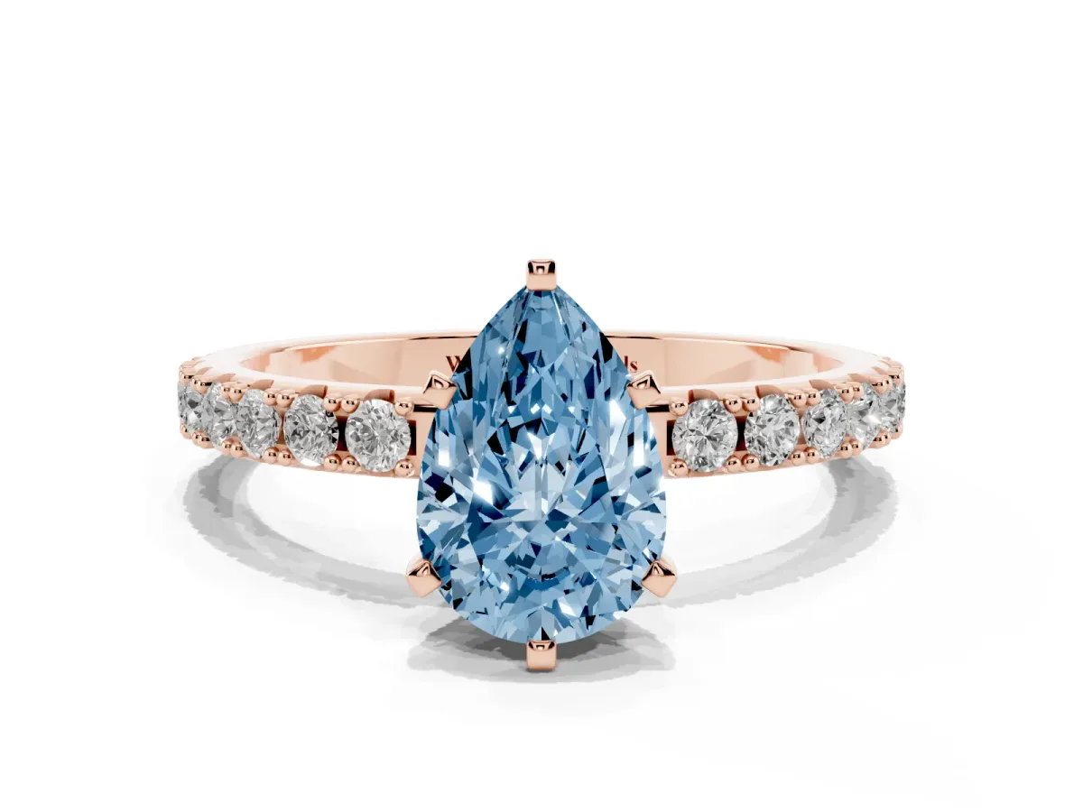 Fancy Blue Pear Cut Diamond Solitaire Pavé Band with Four-Prong Setting Rose gold