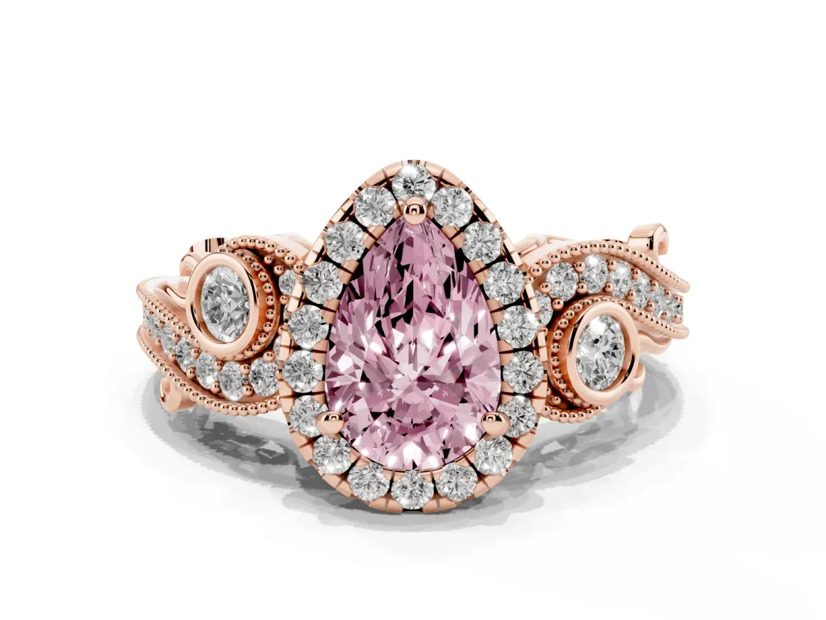 Fancy Pink Pear Cut Halo Diamond Ring with Milgrain and Bezel Accents on a Split Shank Band Rose gold