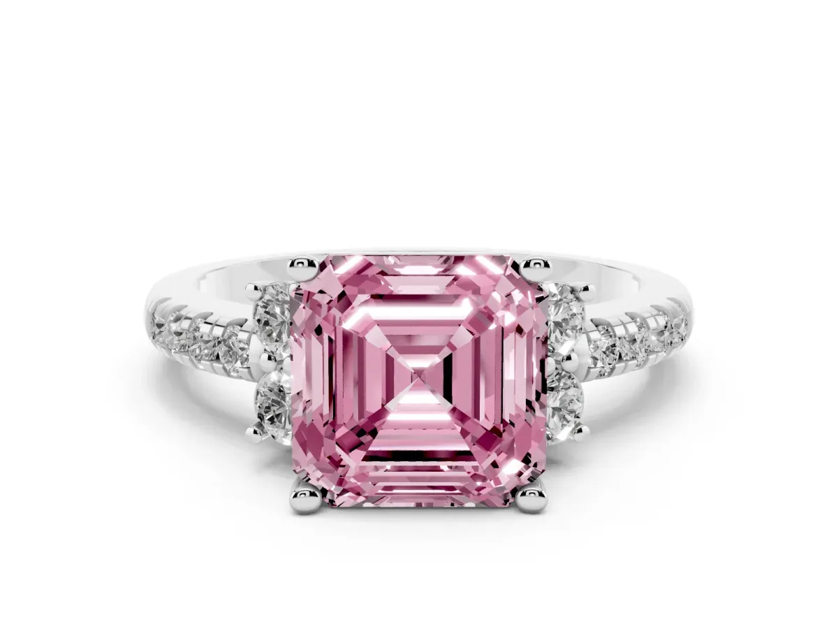 Fancy Pink Asscher Cut Diamond Three-Stone Pave Band with Four-Prong Setting Silver