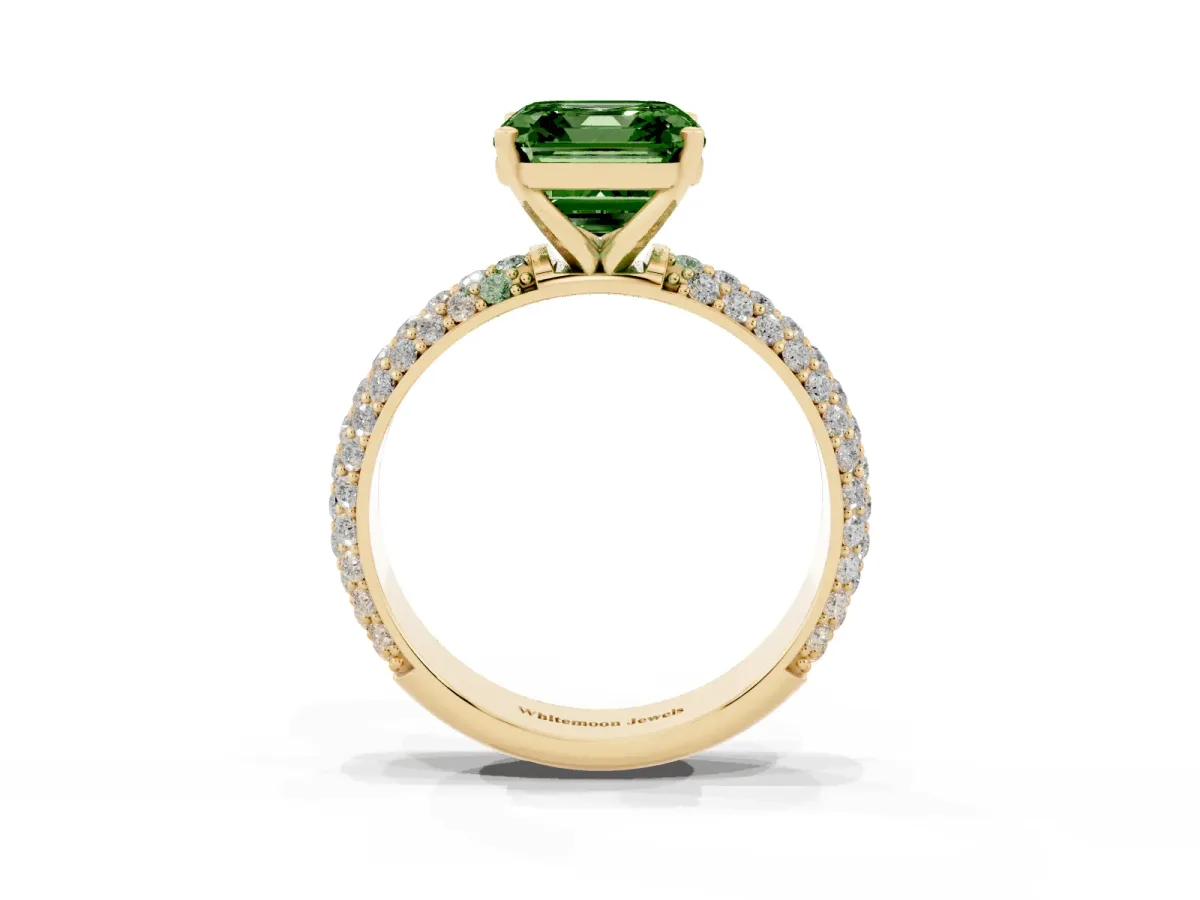 Fancy Green Asscher Cut Diamond Solitaire Ring with Prong Setting and Pavé Band Yellow gold