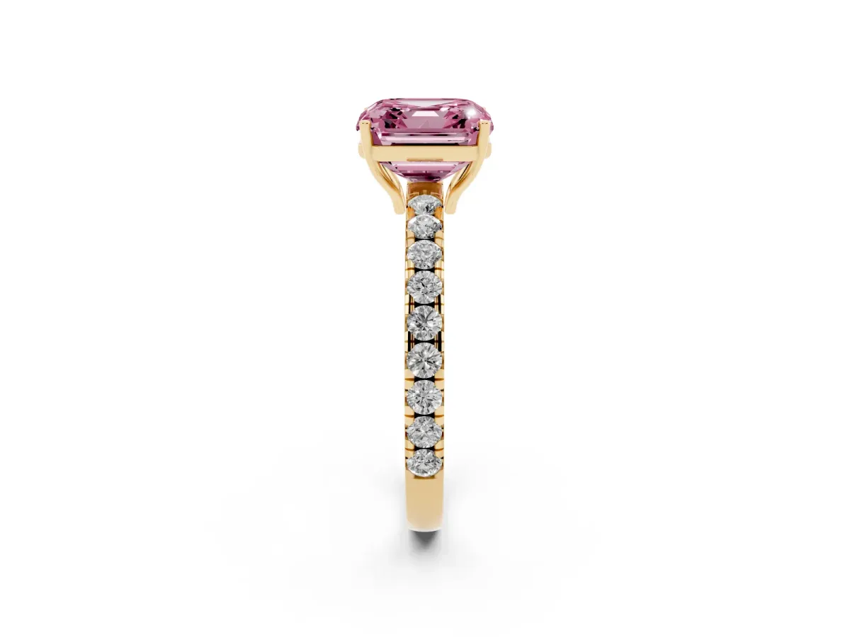 Fancy Pink Asscher Cut Diamond Pavé Solitaire Engagement Ring with Four-Prong Setting Yellow gold
