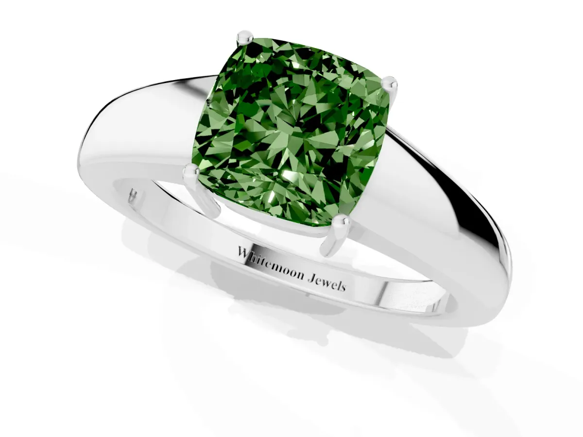Fancy Green Cushion Cut Solitaire Diamond Ring with Tapered Band and Four-Prong Setting Silver