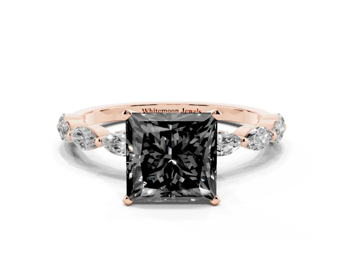 Fancy Black Princess Cut Diamond Ring with Marquise Side Stones and Prong Setting Rose gold