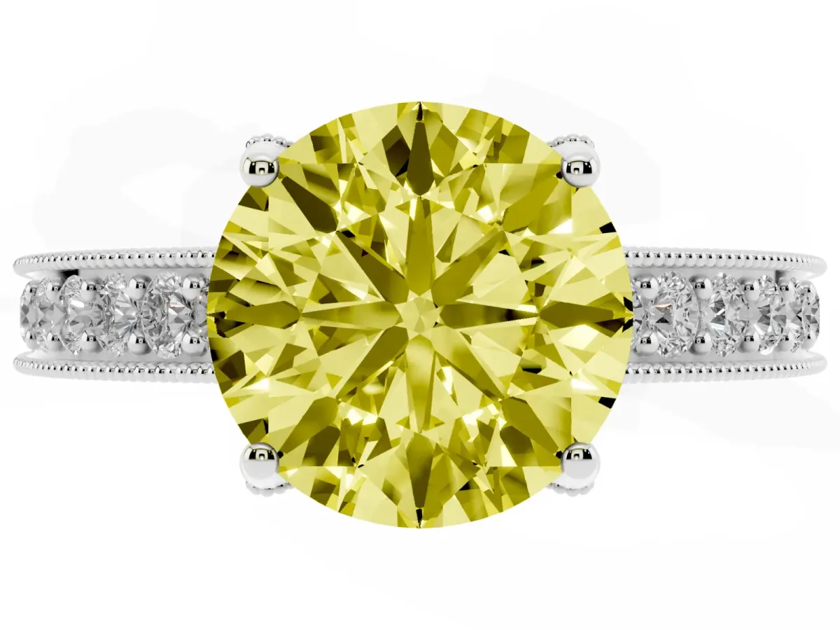 Fancy Yellow Round Cut Cut Diamond Solitaire Ring with Milgrain Pave Band and Four Prong Setting Silver