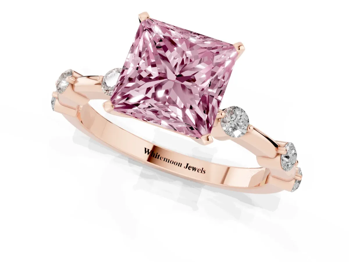 Fancy Pink Princess Cut Solitaire Diamond Ring with Bezel Set Side Stones and Prong Setting Rose gold
