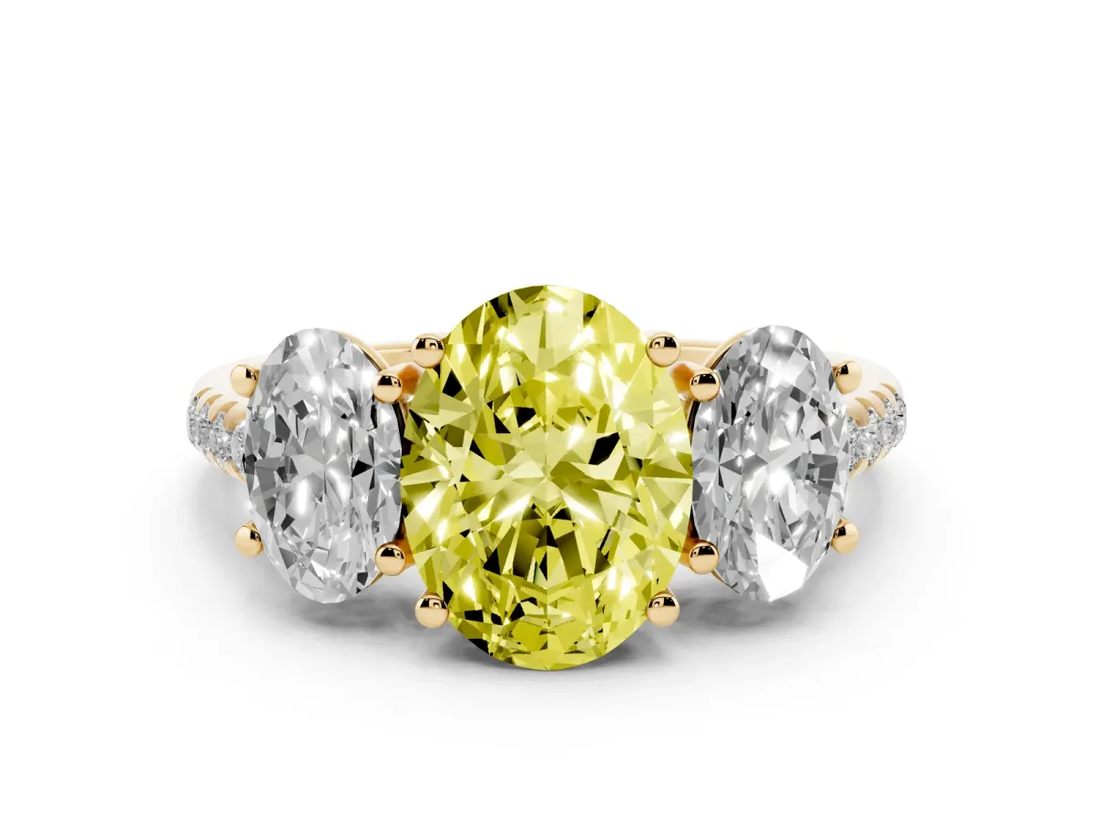 Fancy Yellow Three-Stone Oval Cut Diamond Ring with Round Pavé Band and Prong Setting Yellow gold
