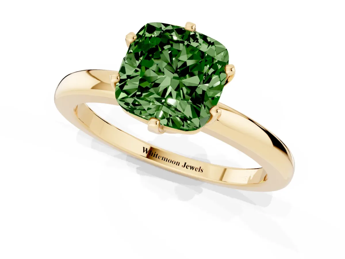Fancy Green Cushion Cut Solitaire Diamond Ring with Six-Prong Setting on a Classic Band Yellow gold