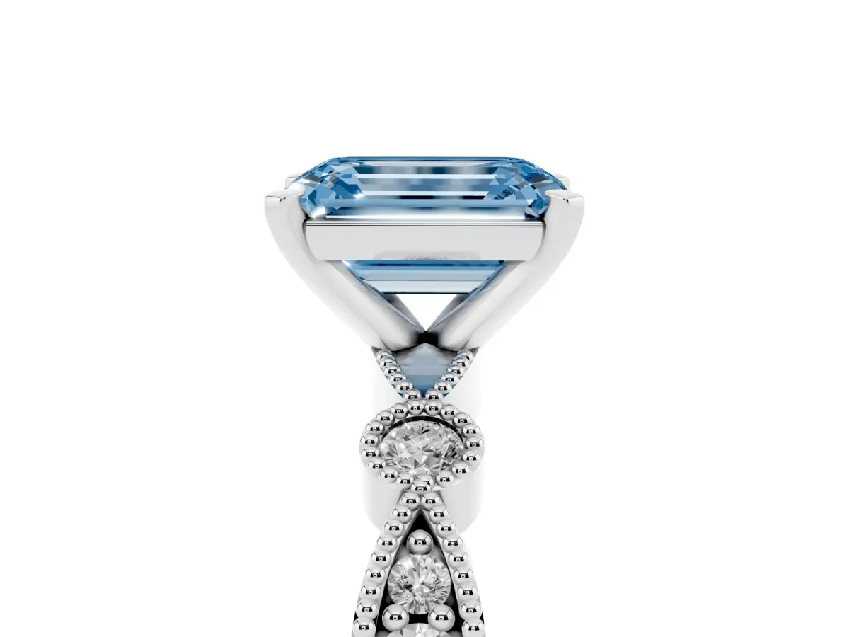 Fancy Blue Emerald Cut Milgrain Bezel Diamond Engagement Ring with Solitaire Prong Setting White gold