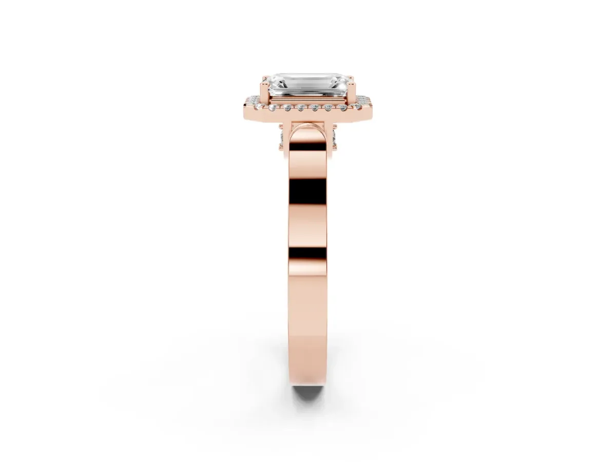 Emerald Cut Halo Round Diamond Twist Band with Four-Prong Setting Rose gold