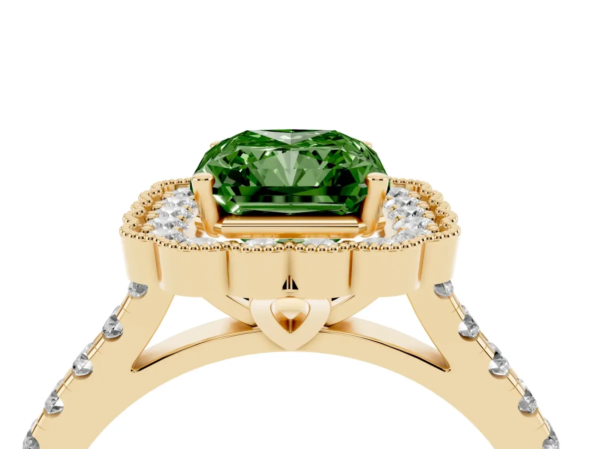 Fancy Green Radiant Cut Cut Diamond Milgrain Floral Halo Engagement Ring with Pavé Band Yellow gold