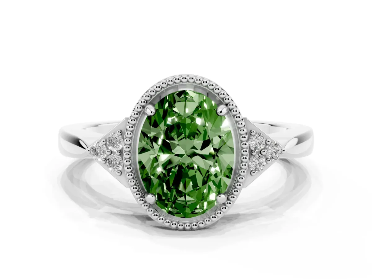 Fancy Green Hexagonal Halo Oval Cut Diamond Solitaire with Pavé Band and Four-Prong Setting Silver