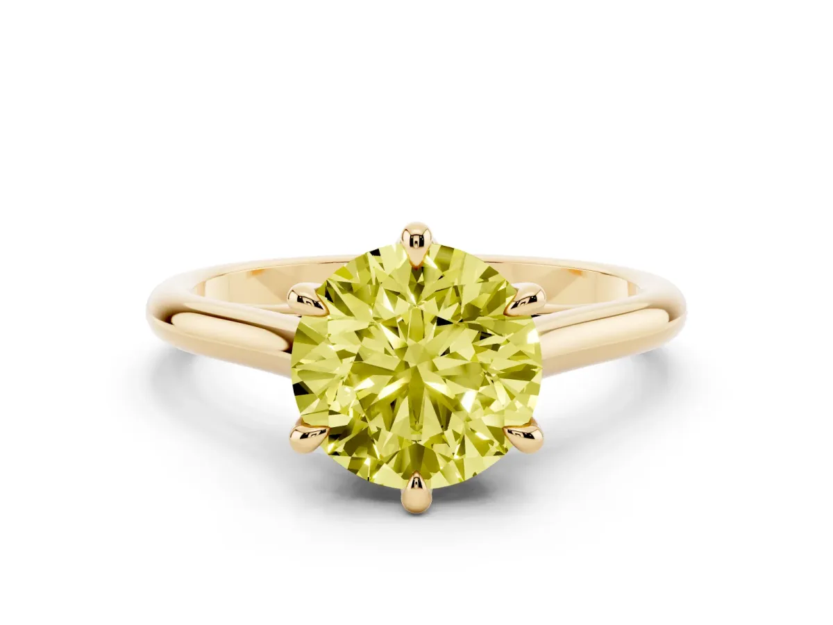 Fancy Yellow Round Cut Solitaire Engagement Ring with Six-Prong Setting and Classic Band Yellow gold