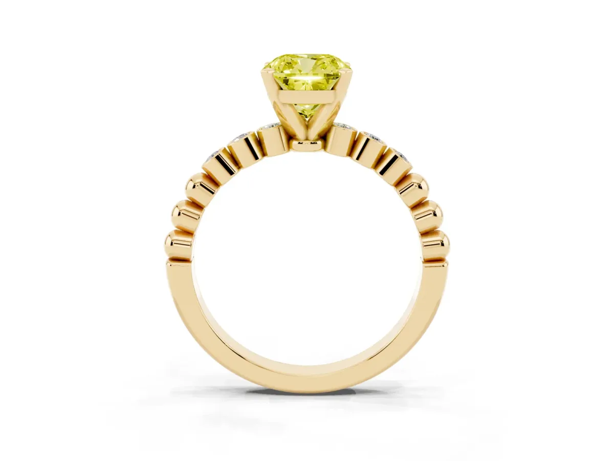 Fancy Yellow Cushion Cut Solitaire Bezel Accent Diamond Engagement Ring with Beaded Band and Four-Prong Setting Yellow gold