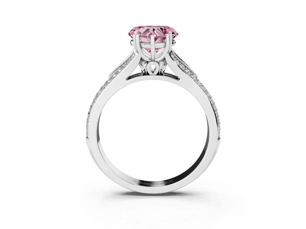Fancy Pink Heart Cut Diamond Split Shank Engagement Ring with Pavé Band Platinum