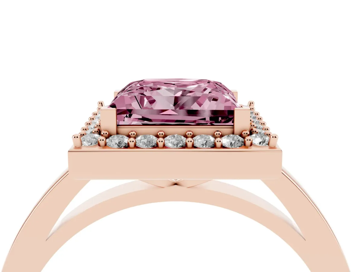 Fancy Pink Princess Cut Halo Diamond Ring with Solitaire Band and Prong Setting Rose gold
