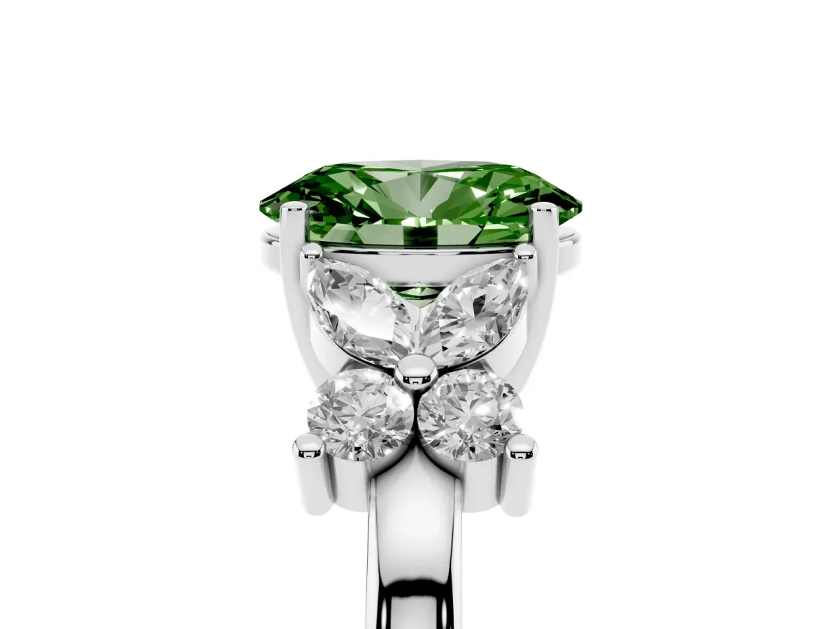 Fancy Green Oval Cut Diamond Floral Cluster Ring with Solitaire Band and Prong Setting White gold