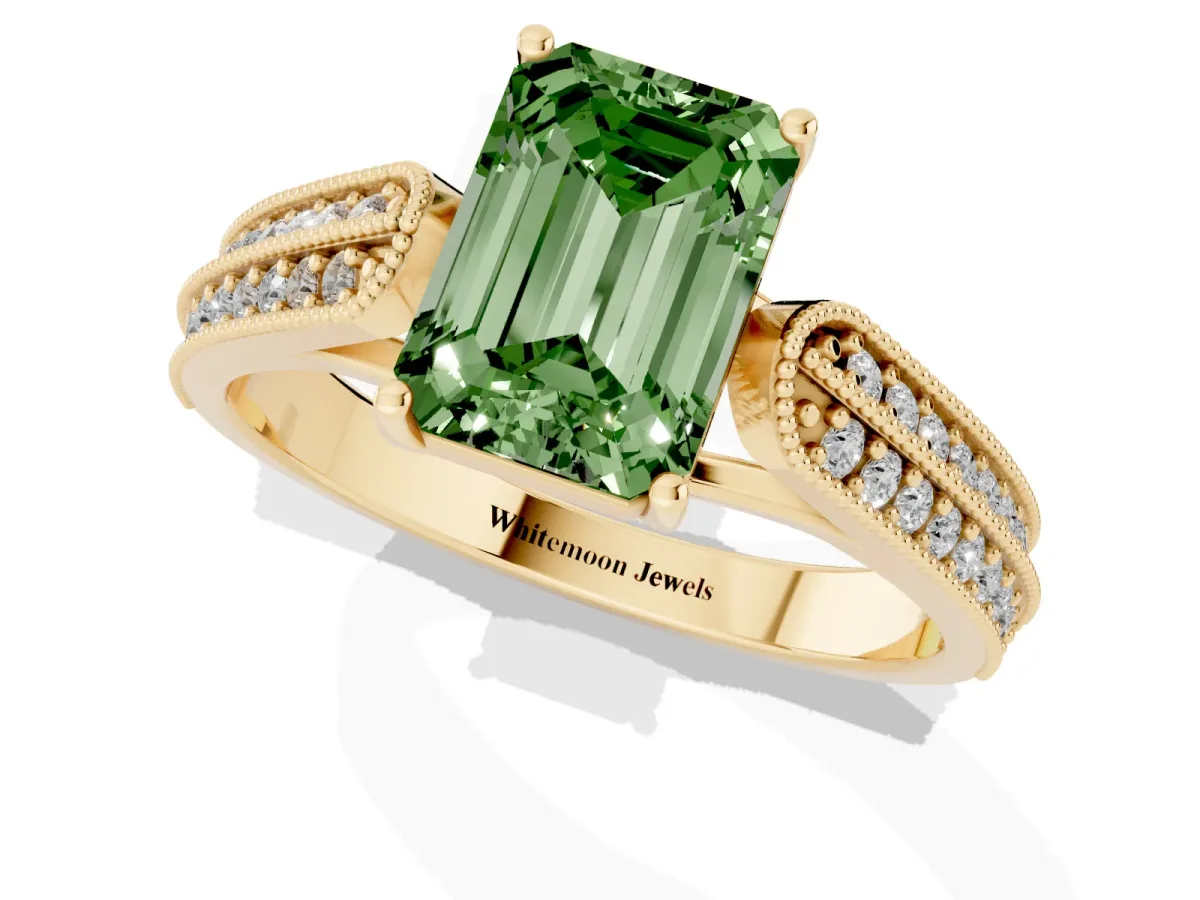 Fancy Green Emerald Cut Cut Pave Split Shank Engagement Ring with Four-Prong Setting Yellow gold