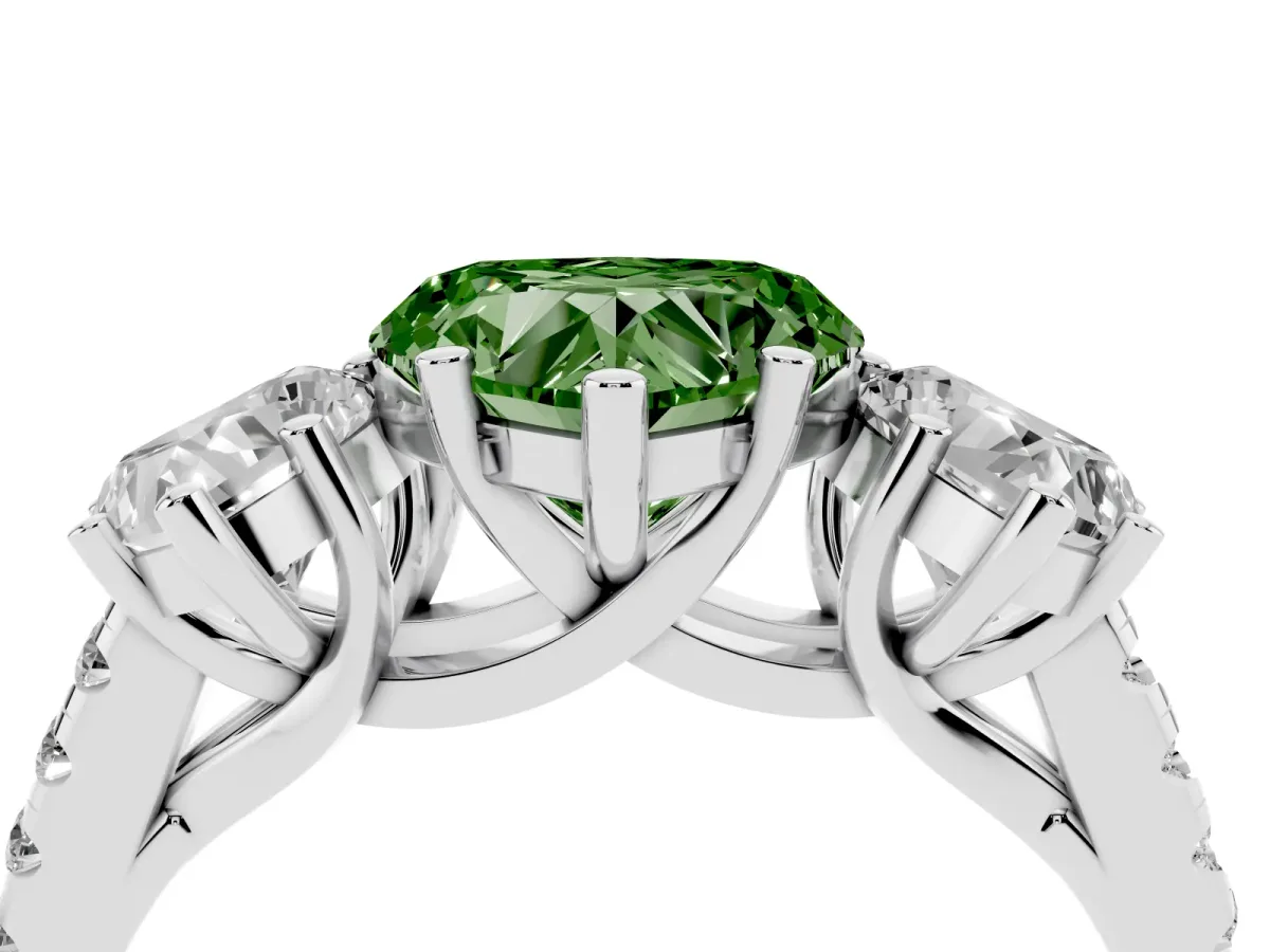 Fancy Green Three-Stone Heart Cut Diamond Ring with Round Pavé Band and Prong Setting Silver