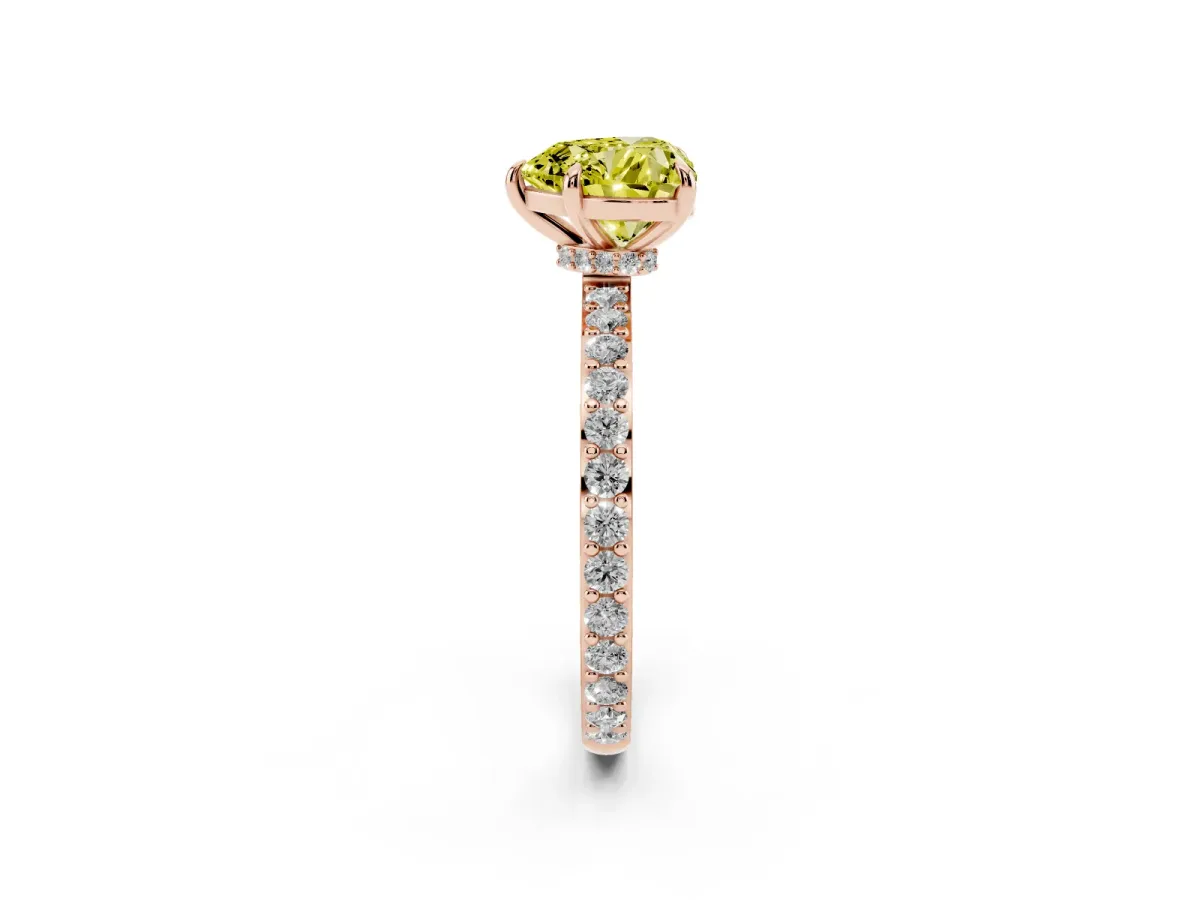 Fancy Yellow Heart Cut Diamond Pavé Engagement Ring with Round Accents and Prong Setting Rose gold