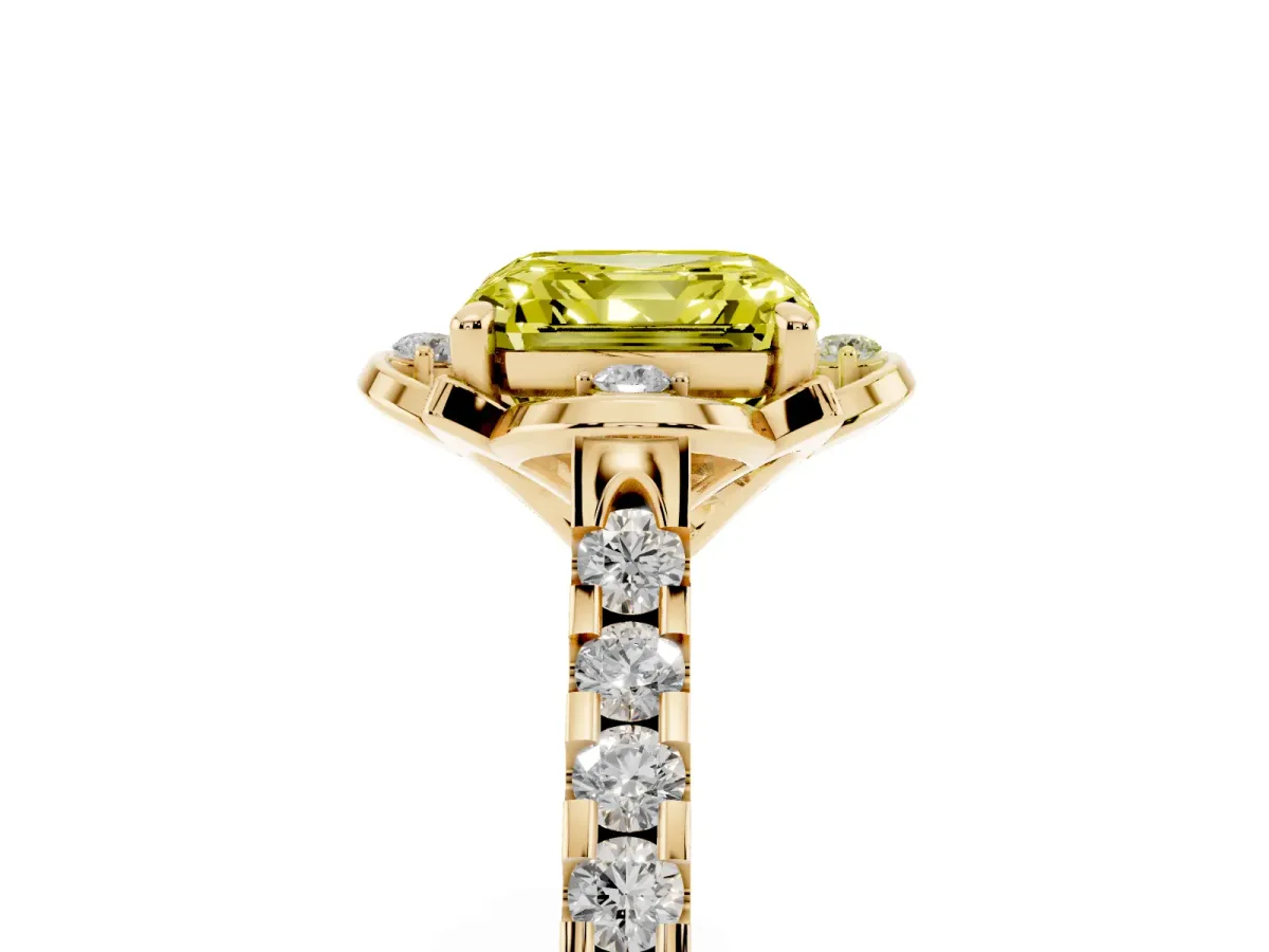 Fancy Yellow Asscher Cut Diamond Ring with Pavé Band and Floral Prong Setting Yellow gold