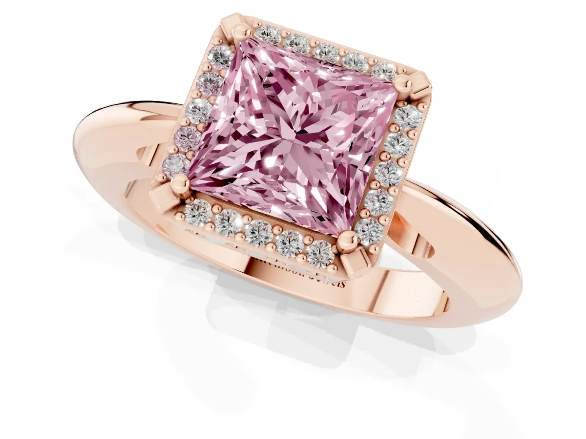 Fancy Pink Princess Cut Cut Diamond Halo Engagement Ring with Split Shank and Four-Prong Setting Rose gold