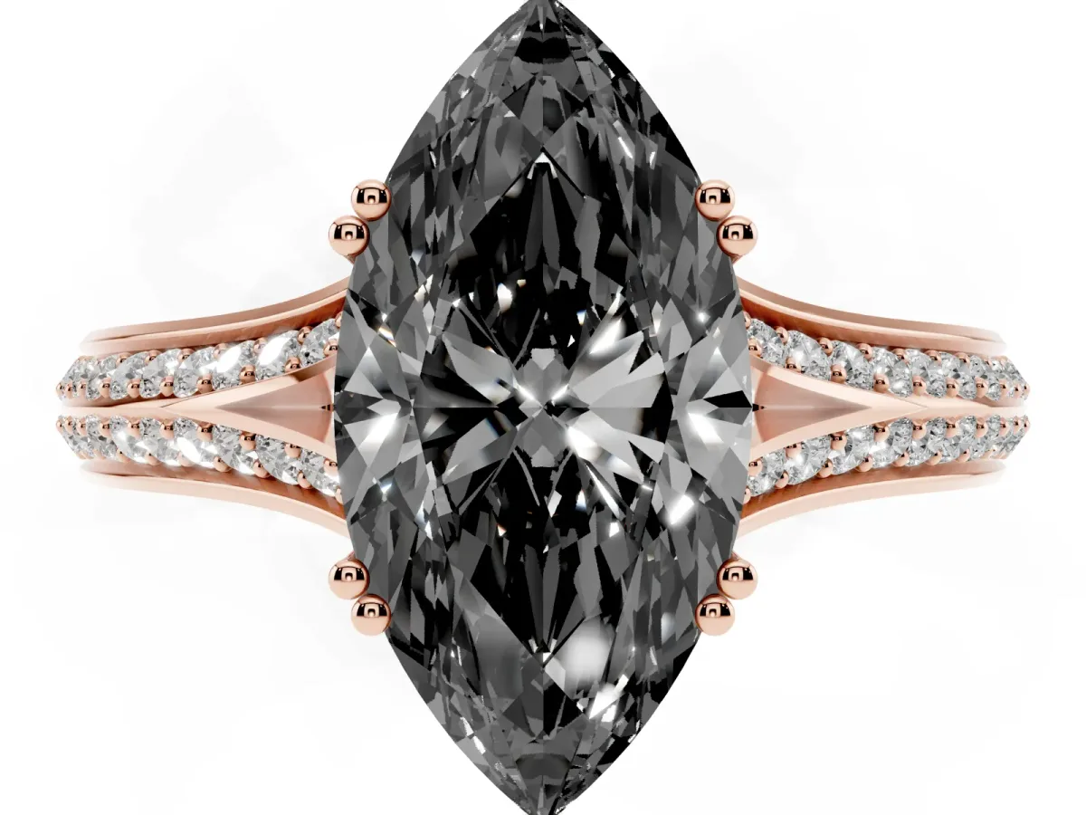 Fancy Black Marquise Cut Diamond Split Shank Engagement Ring with Pavé Band Rose gold
