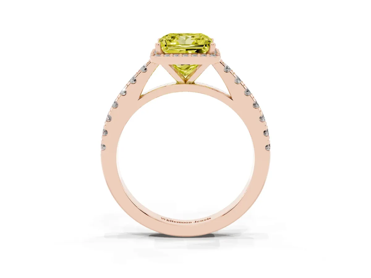 Fancy Yellow Princess Cut Cut Halo Diamond Engagement Ring with Pave Band and Four-Prong Setting Rose gold