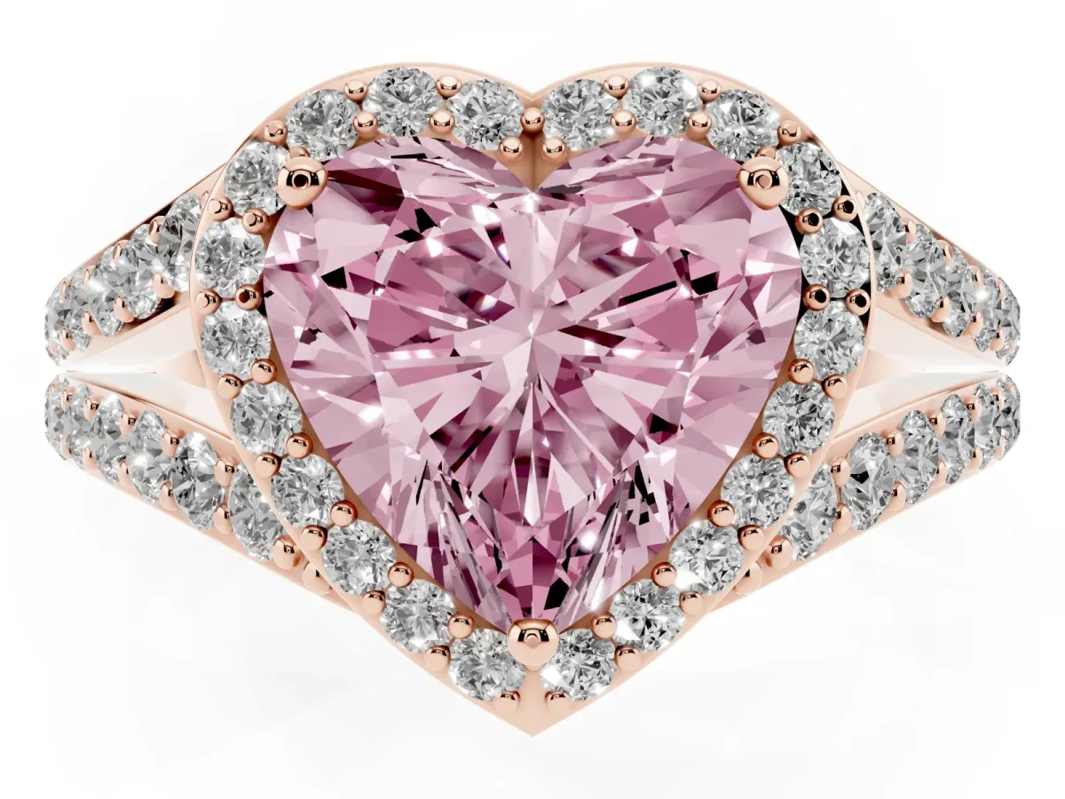 Fancy Pink Heart Cut Diamond Split Shank Halo Ring with Four-Prong Setting Rose gold