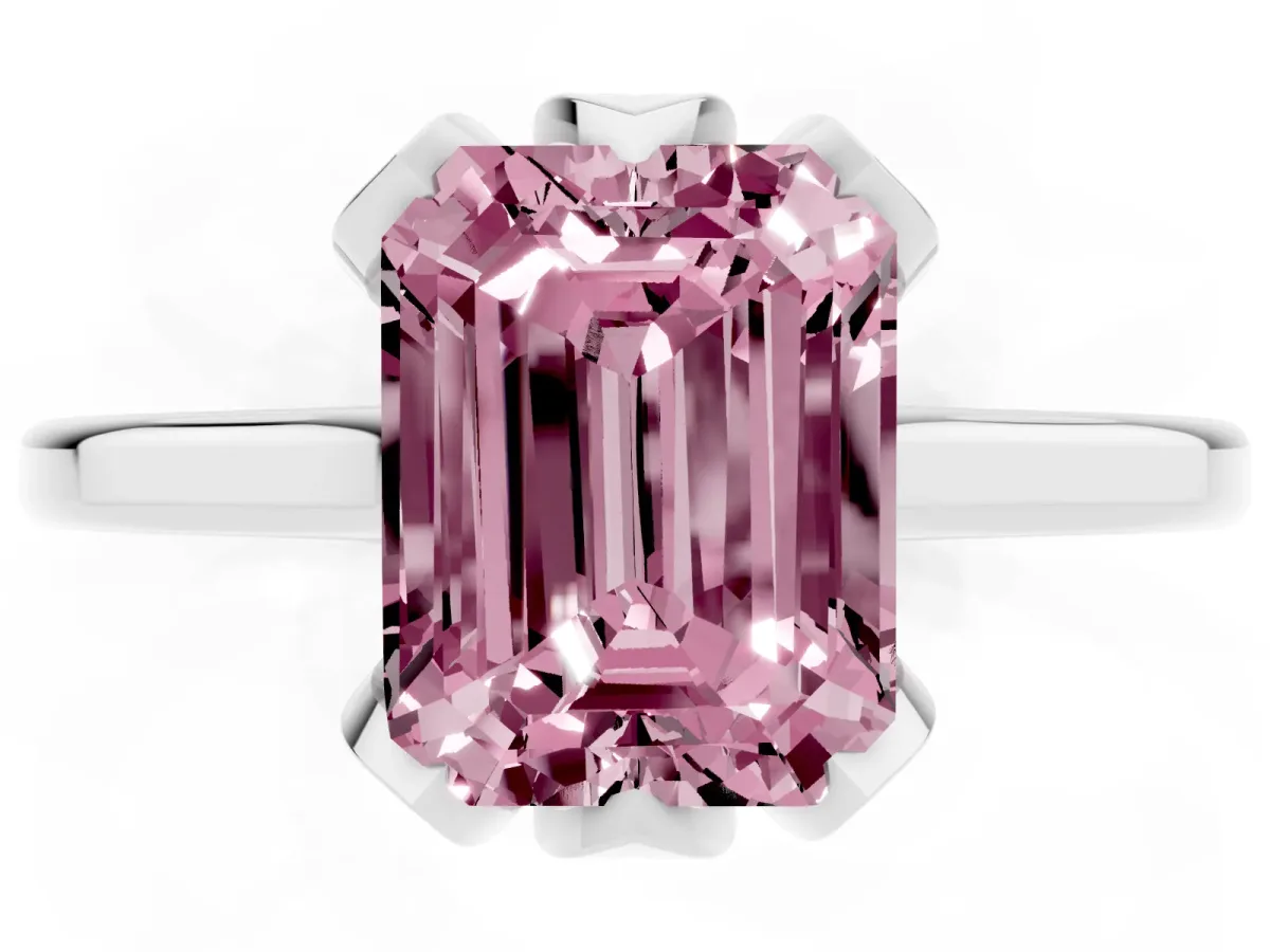 Fancy Pink Emerald Cut Diamond Solitaire Ring with Flower Prong Setting and Classic Band Silver