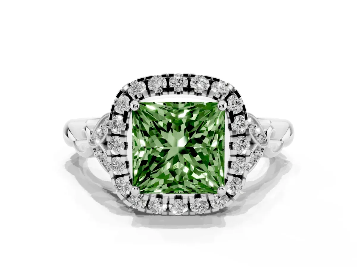 Fancy Green Princess Cut Halo Diamond Engagement Ring with Vintage-Inspired Band and Four-Prong Setting White gold