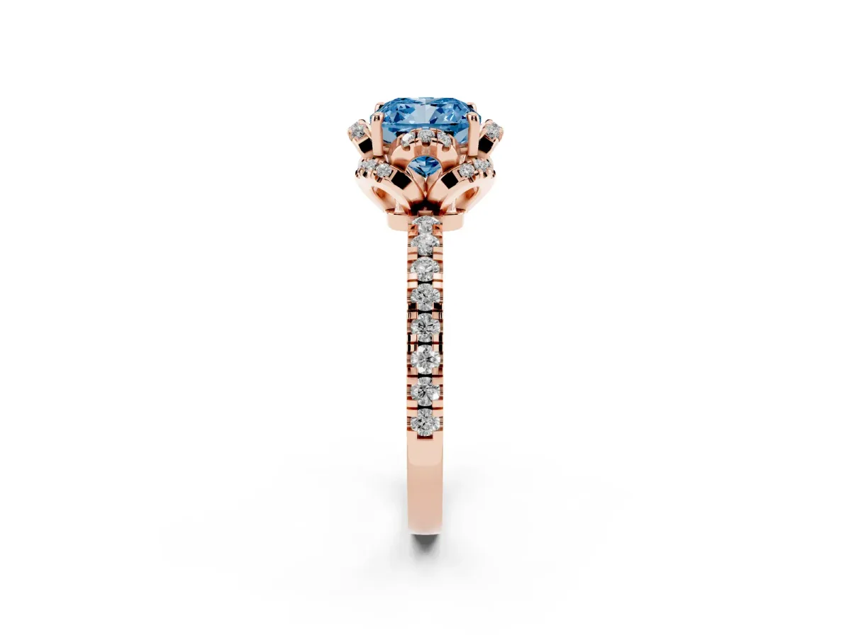 Fancy Blue Cushion Cut Diamond Halo Pave Band with Four-Prong Setting Rose gold