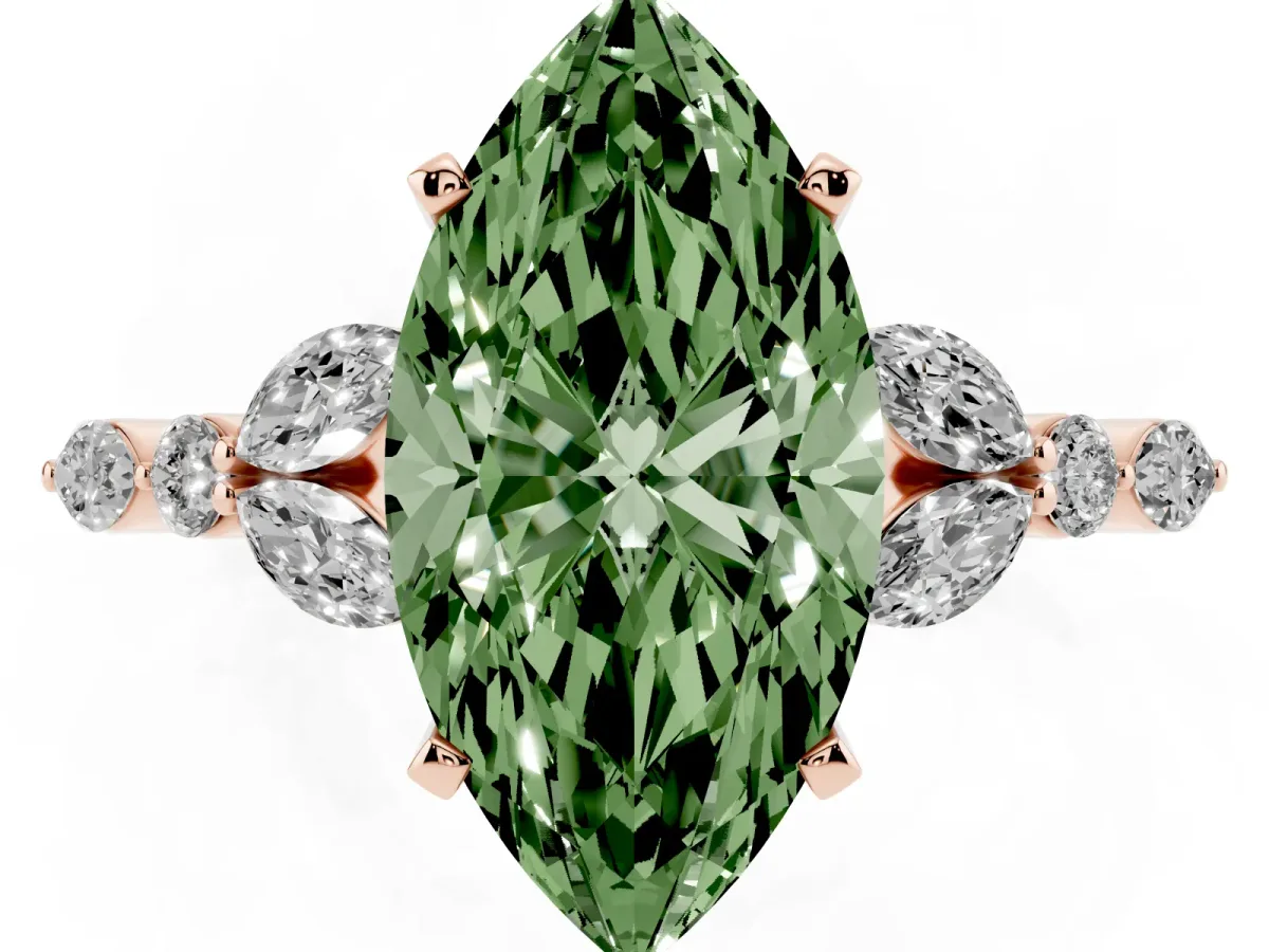 Fancy Green Marquise Cut Diamond Solitaire Ring with Side Stones and Four-Prong Setting Rose gold