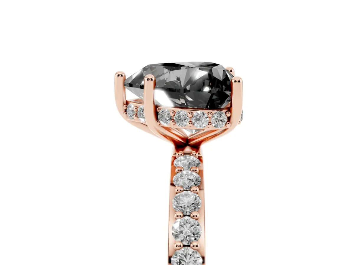 Fancy Black Heart Cut Diamond Solitaire Ring with Pavé Band and Hidden Halo Rose gold