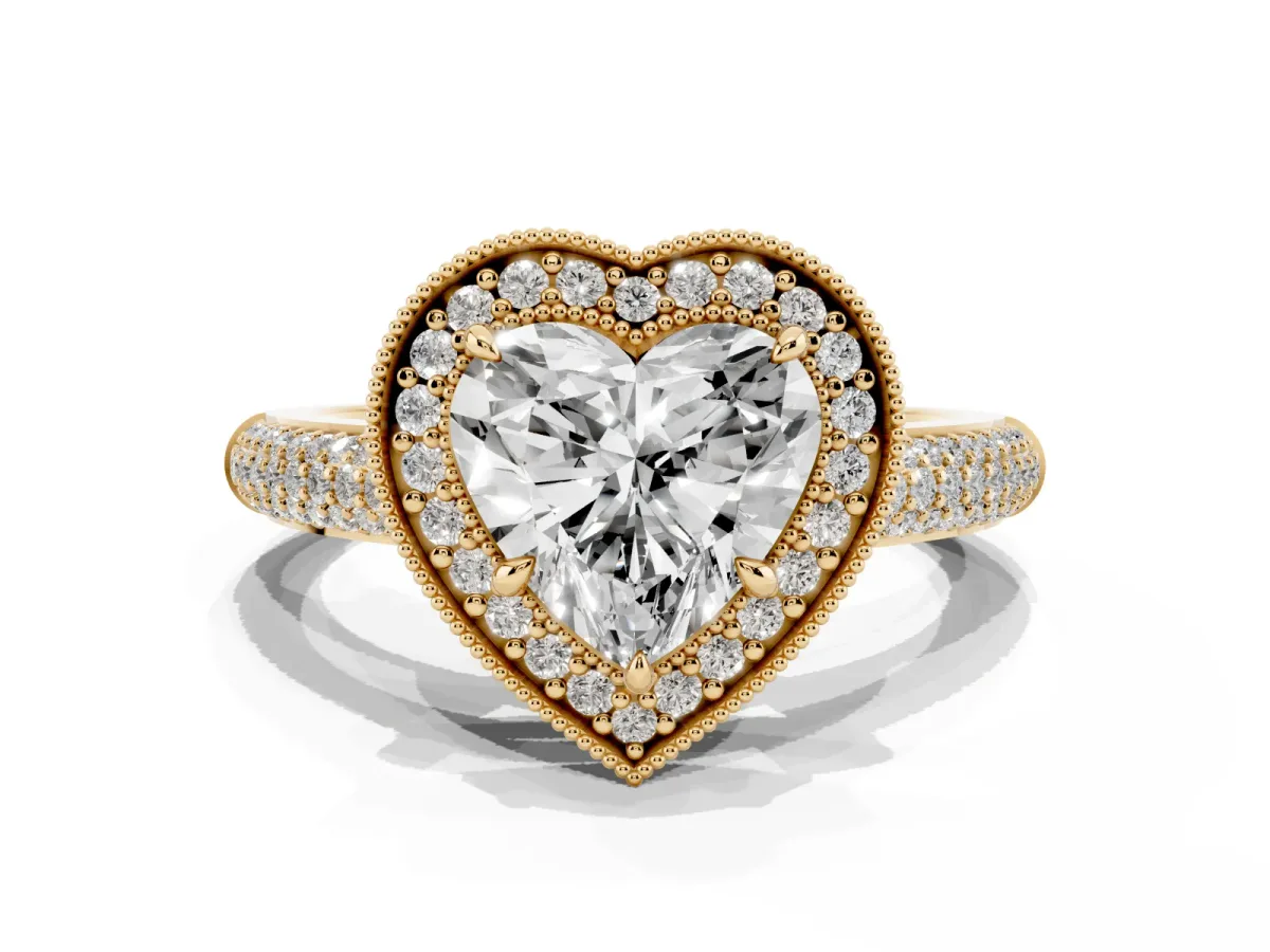 Heart Cut Cut Halo Diamond Pave Band with Four-Prong Setting Yellow gold