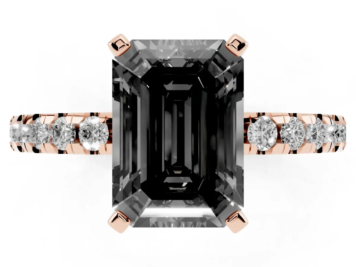 Fancy Black Emerald Cut Diamond Solitaire Ring with Round Pavé Band and Four-Prong Setting Rose gold