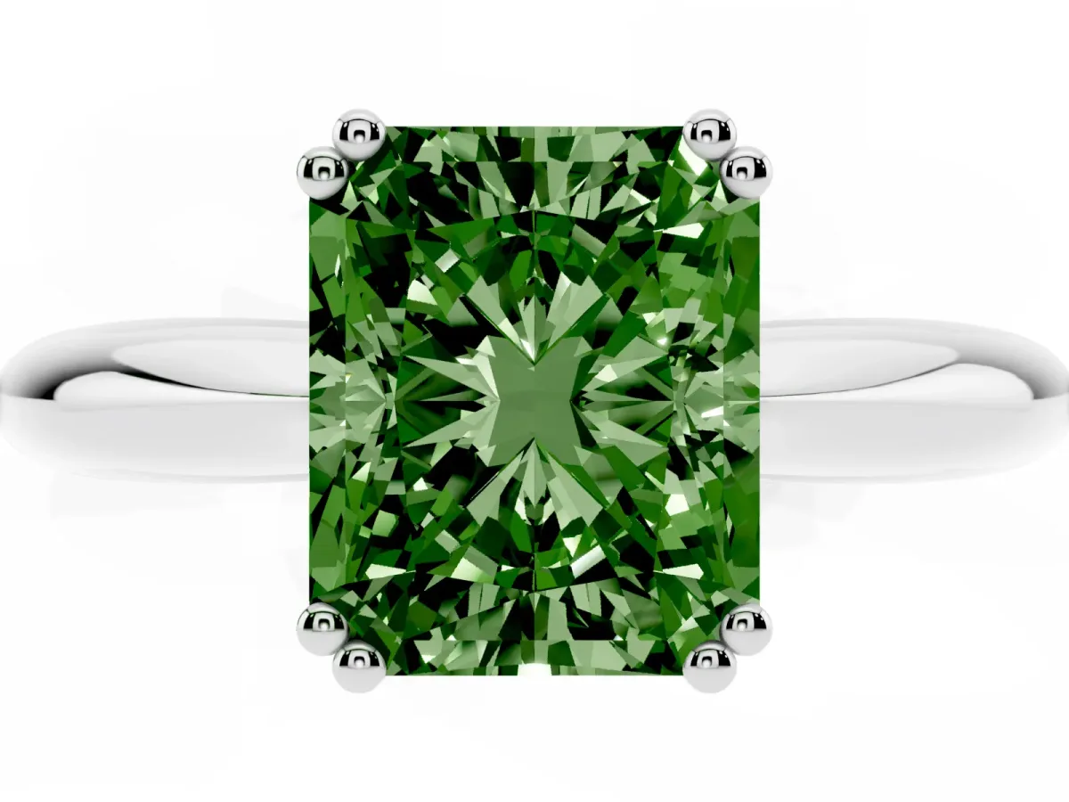 Fancy Green Radiant Cut Cut Solitaire Engagement Ring with Tapered Band and Four-Prong Setting Platinum